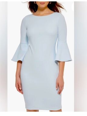 Jessica Light Blue Bell-Sleeve Midi Sheath Dress